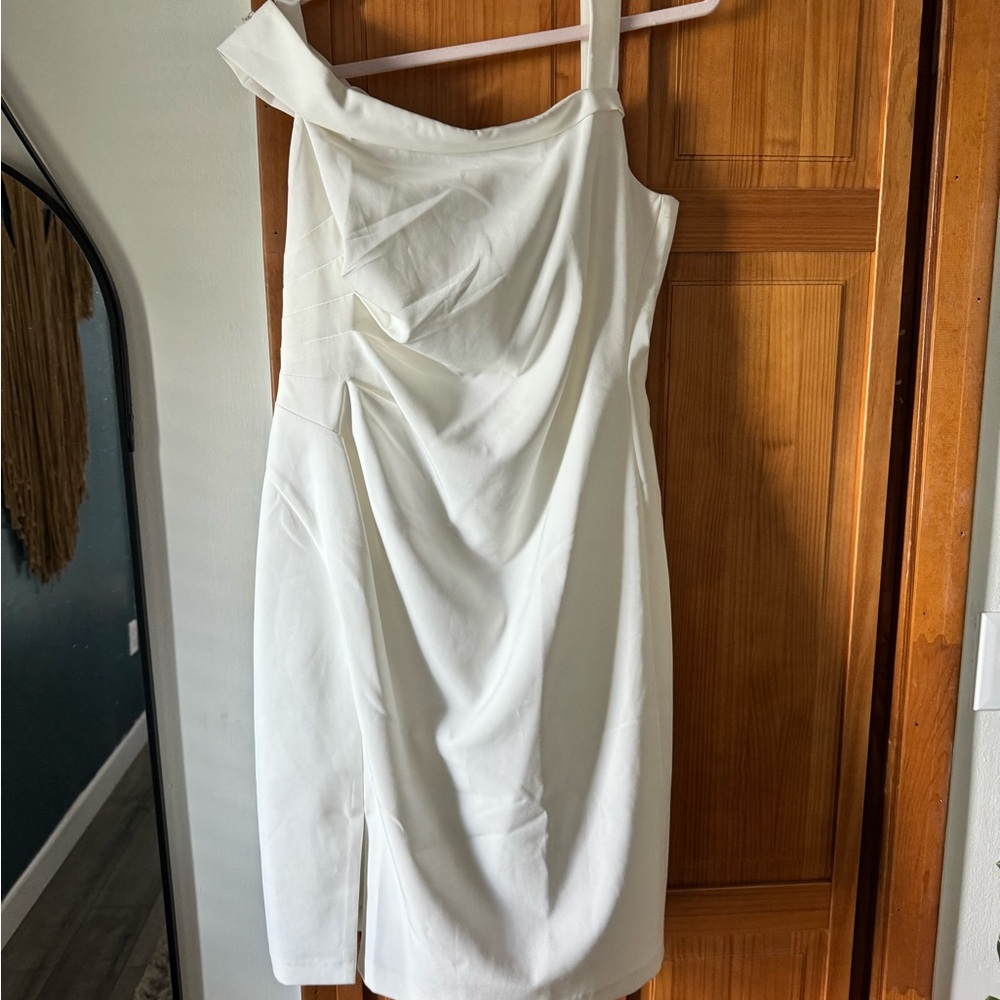 Adrianna Papell White Dress Asymmetrical Crepe Cocktail Off Shoulder Beaded 12